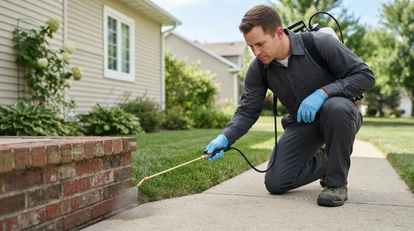 Pest control technician treating a home near Austinburg, OH