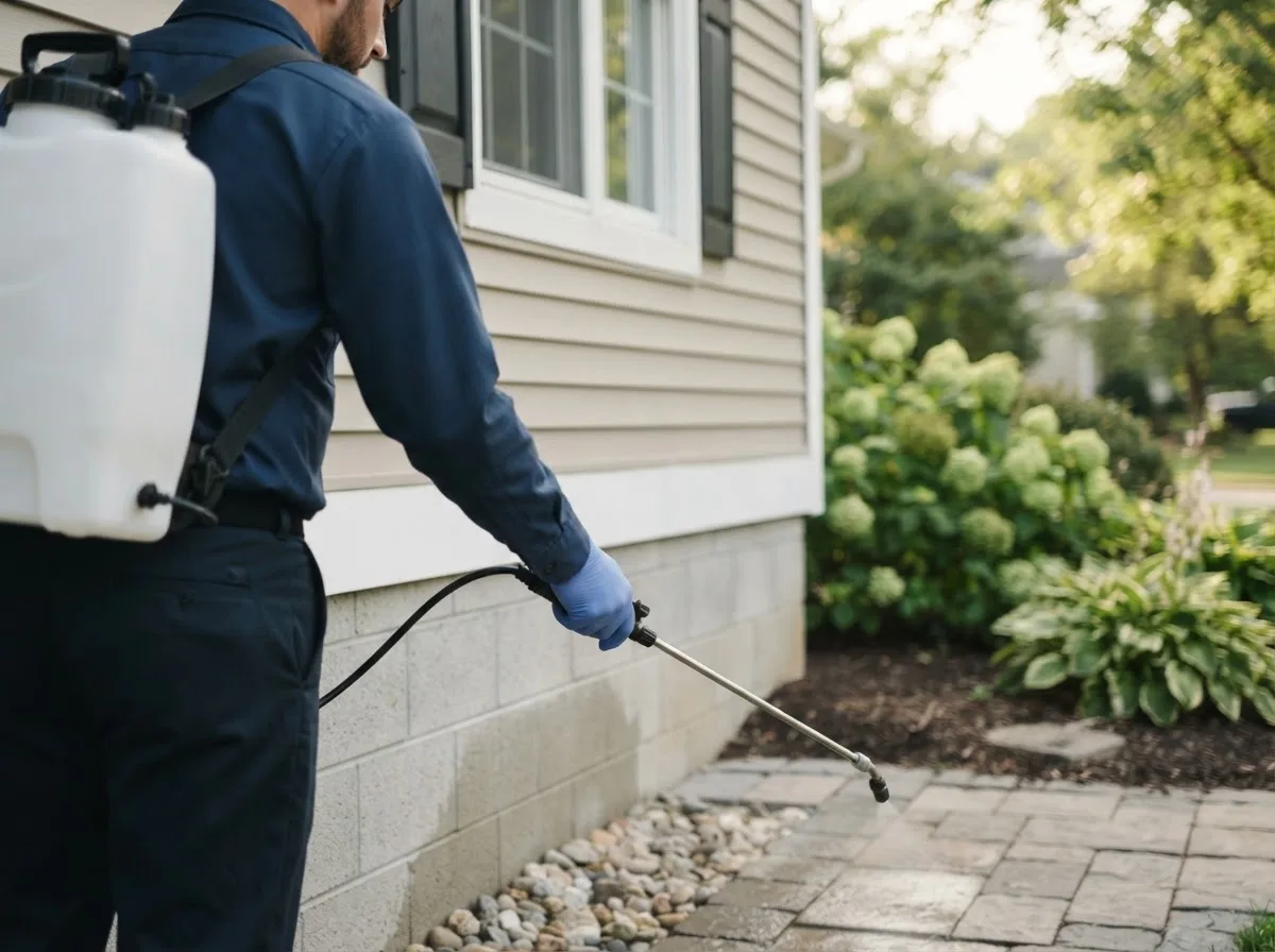 Pest control technician inspecting a home in Austinburg, OH